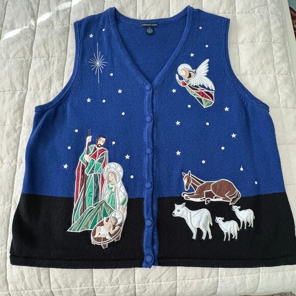Westbound Woman Nativity Christmas Sweater Vest 1X Embroidered Religious - Picture 1 of 8